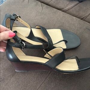 Coach Black Leather Wedge Sandals